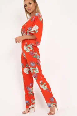 Rebellious Fashion Orange Floral Kimono Sleeve Jumpsuit - Pilar