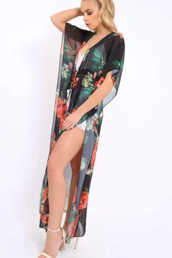 Rebellious Fashion Orange Floral Print Long Kimono - Vonda