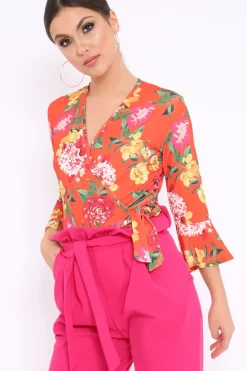 Rebellious Fashion Orange Floral Wrap Side Tie Bodysuit - Lincy