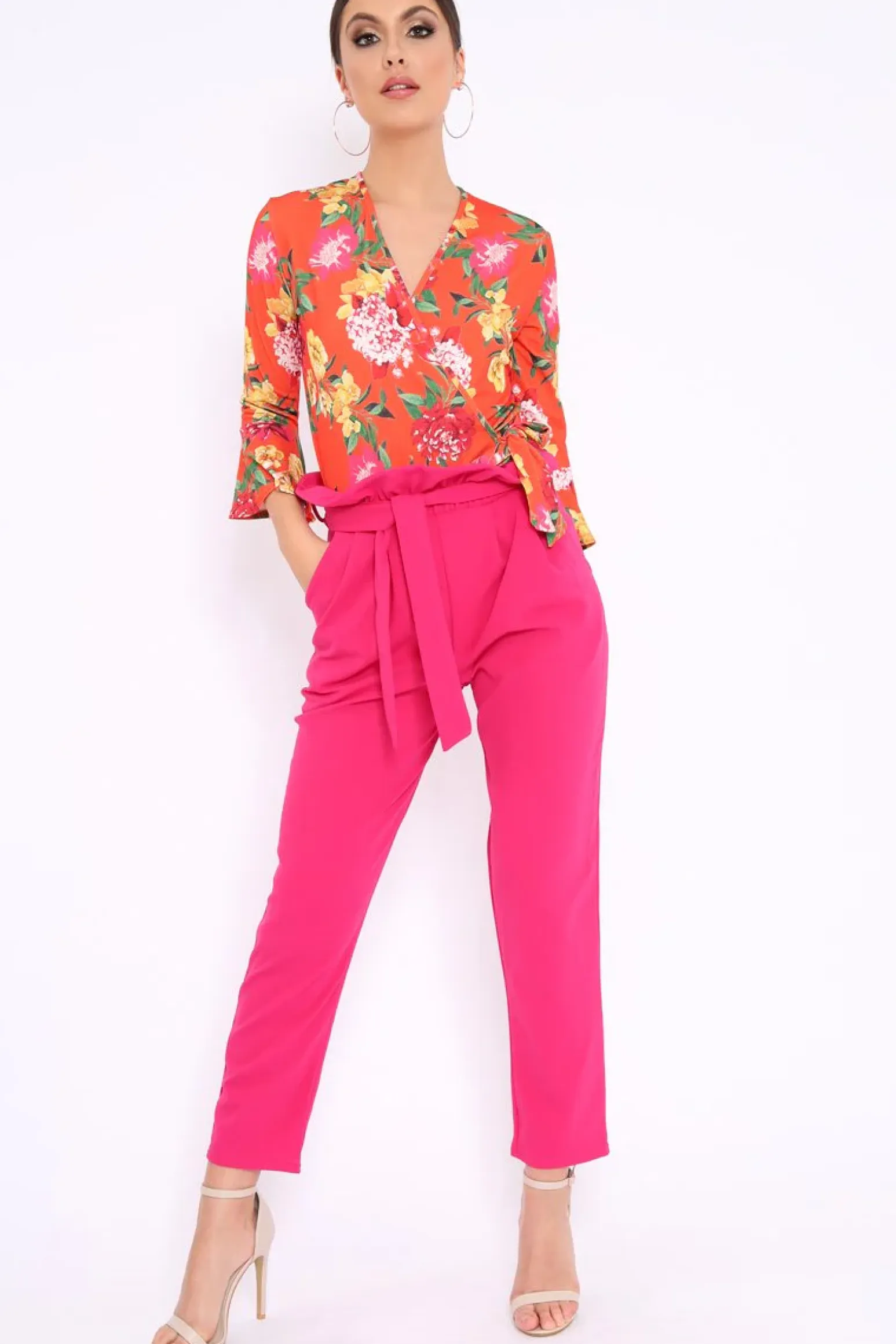 Rebellious Fashion Orange Floral Wrap Side Tie Bodysuit - Lincy