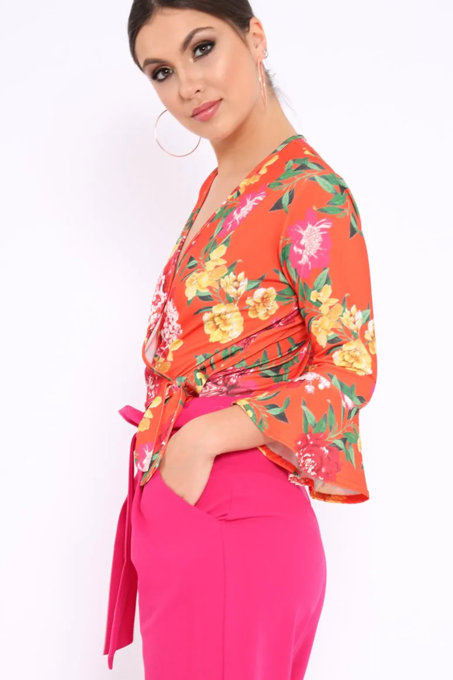 Rebellious Fashion Orange Floral Wrap Side Tie Bodysuit - Lincy