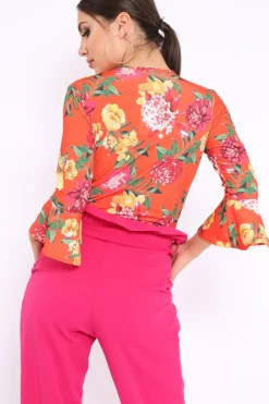 Rebellious Fashion Orange Floral Wrap Side Tie Bodysuit - Lincy