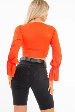 Rebellious Fashion Orange Frill Sleeve Plunge Neck Crop Top - Michaella
