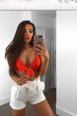 Rebellious Fashion Orange Frill Tie Front Crop Top - Adali