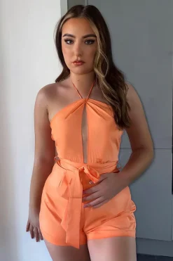 Rebellious Fashion Orange Front Cut Out Halter Neck Playsuit - Breyah