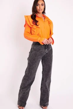 Rebellious Fashion Orange Full Length Ruffle Sleeve Shirt - Keisha