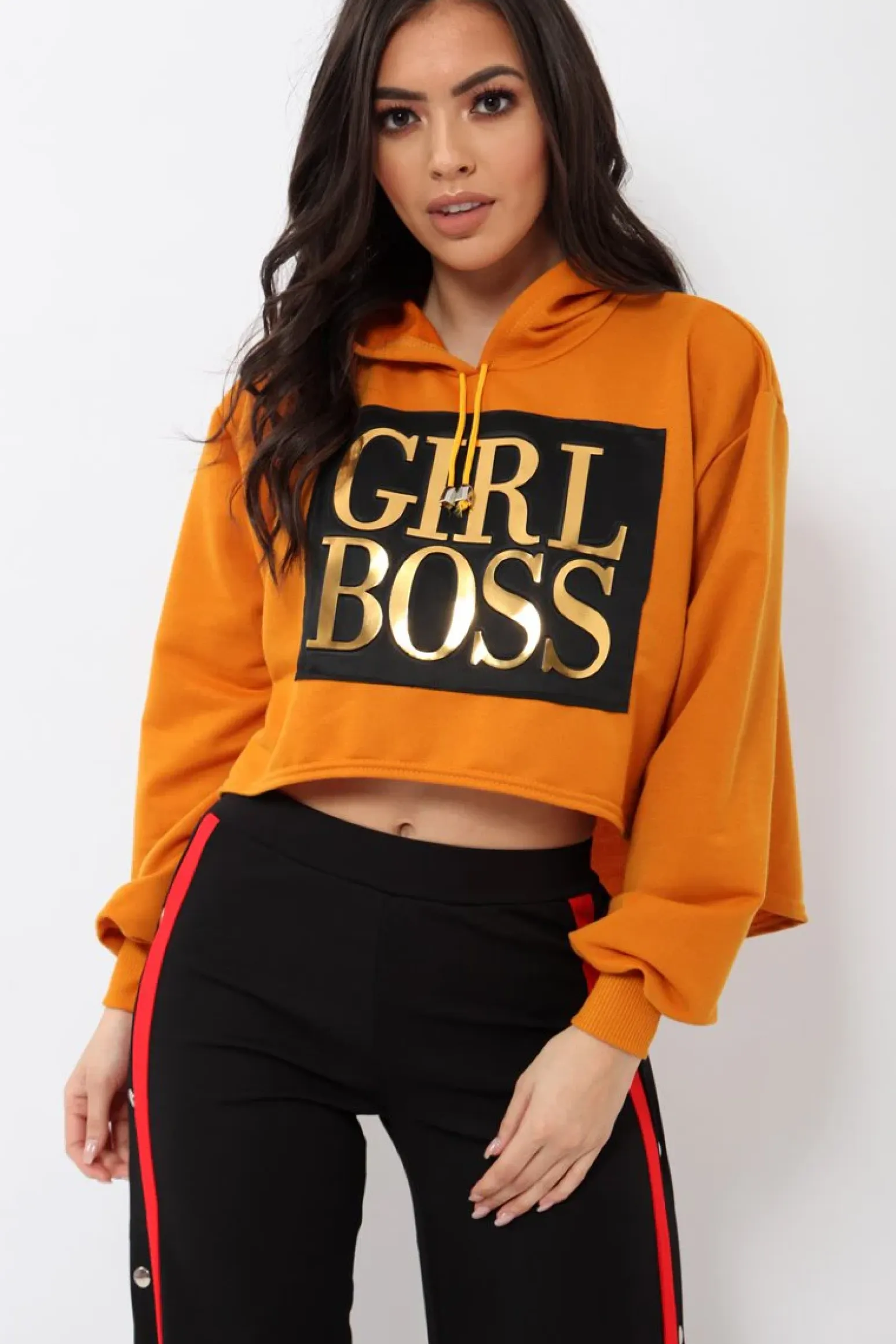 Rebellious Fashion Orange Girl Boss Cropped Hoodie - Kelsy
