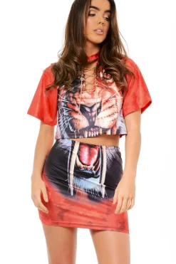 Rebellious Fashion Orange Graphic Print Lace Up Co-ord - Destiny