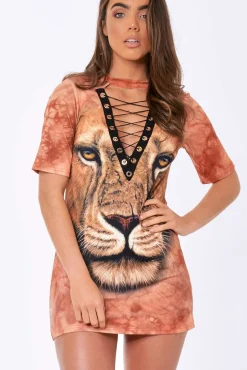 Rebellious Fashion Orange Graphic Print Lace Up T-shirt Dress - Brody