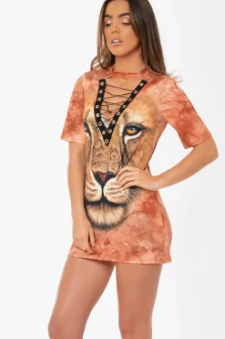 Rebellious Fashion Orange Graphic Print Lace Up T-shirt Dress - Brody