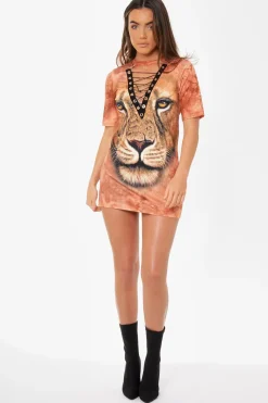 Rebellious Fashion Orange Graphic Print Lace Up T-shirt Dress - Brody