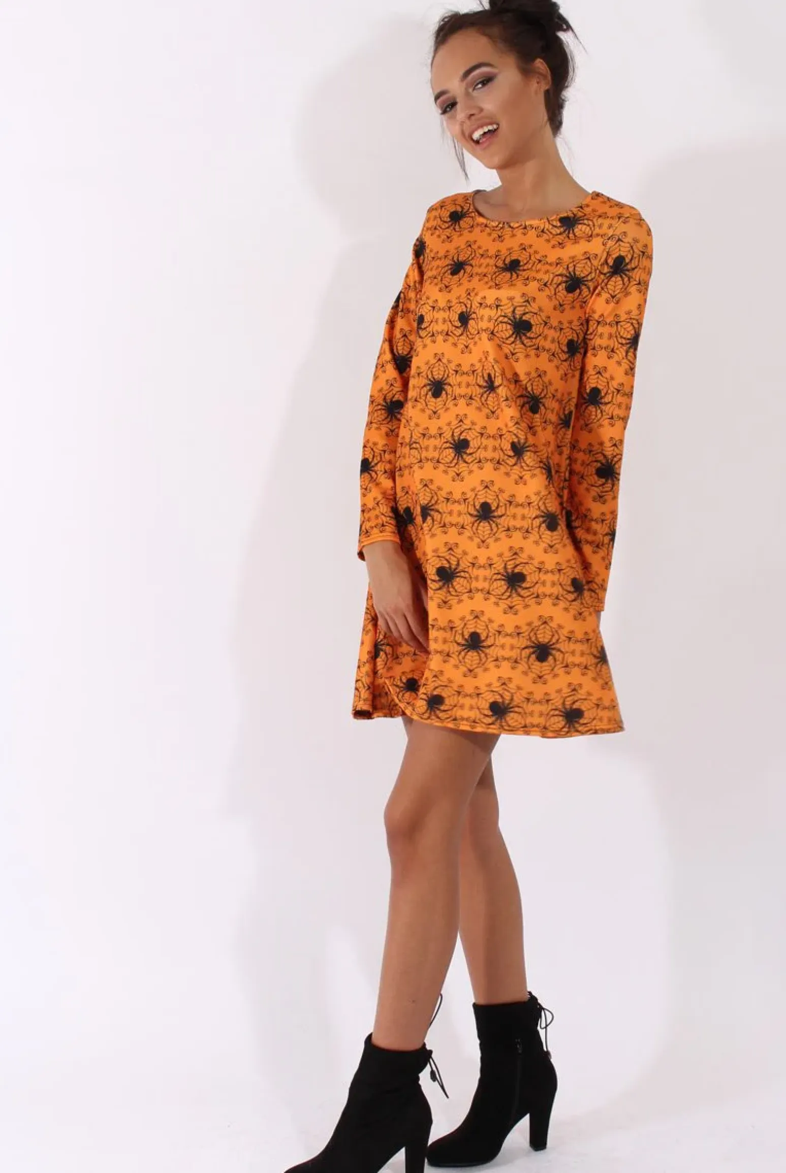 Rebellious Fashion Orange Halloween Spider Swing Dress - Charlotte