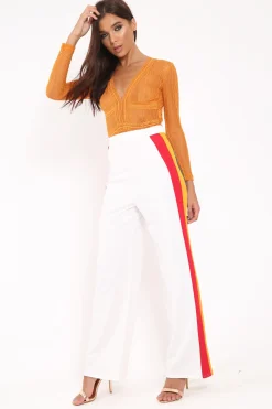 Rebellious Fashion Orange Lace Long Sleeve Open Back Bodysuit - Temari