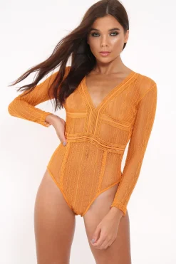 Rebellious Fashion Orange Lace Long Sleeve Open Back Bodysuit - Temari