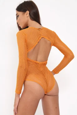 Rebellious Fashion Orange Lace Long Sleeve Open Back Bodysuit - Temari