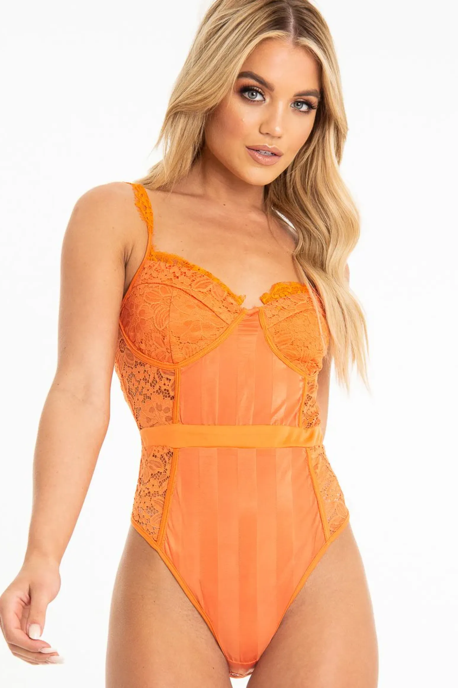 Rebellious Fashion Orange Lace Mesh Stripe Cup Detail Bodysuit - India