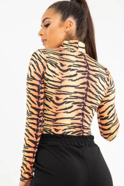 Rebellious Fashion Orange Long Sleeve Tiger Print Bodysuit - Reylee
