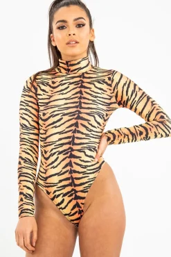 Rebellious Fashion Orange Long Sleeve Tiger Print Bodysuit - Reylee