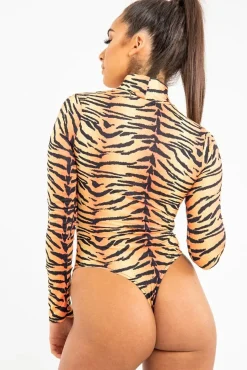 Rebellious Fashion Orange Long Sleeve Tiger Print Bodysuit - Reylee