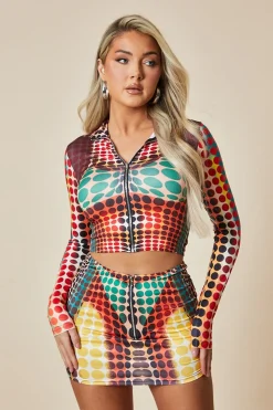 Rebellious Fashion Orange Multi Spot Print Crop Top & Mini Skirt Set - Kyomi