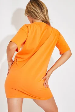 Rebellious Fashion Orange Overdressed Slogan T-shirt Dress - Malia