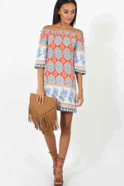 Rebellious Fashion Orange Paisley Print Bardot Frill Trim Dress - Tanya