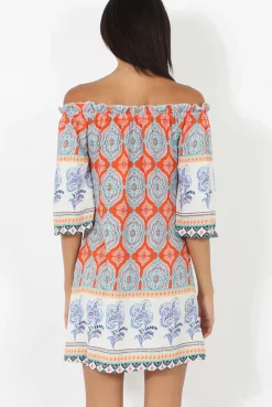 Rebellious Fashion Orange Paisley Print Bardot Frill Trim Dress - Tanya