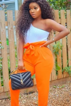 Rebellious Fashion Orange Paper Bag Tie Waist Cigarette Trousers - Karmen