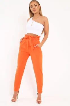 Rebellious Fashion Orange Paper Bag Tie Waist Cigarette Trousers - Karmen