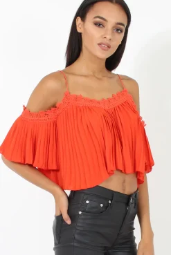Rebellious Fashion Orange Pleated Crochet Trim Cold Shoulder Crop Top - Jil