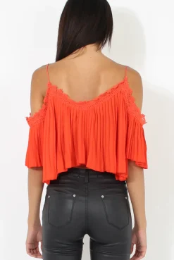 Rebellious Fashion Orange Pleated Crochet Trim Cold Shoulder Crop Top - Jil