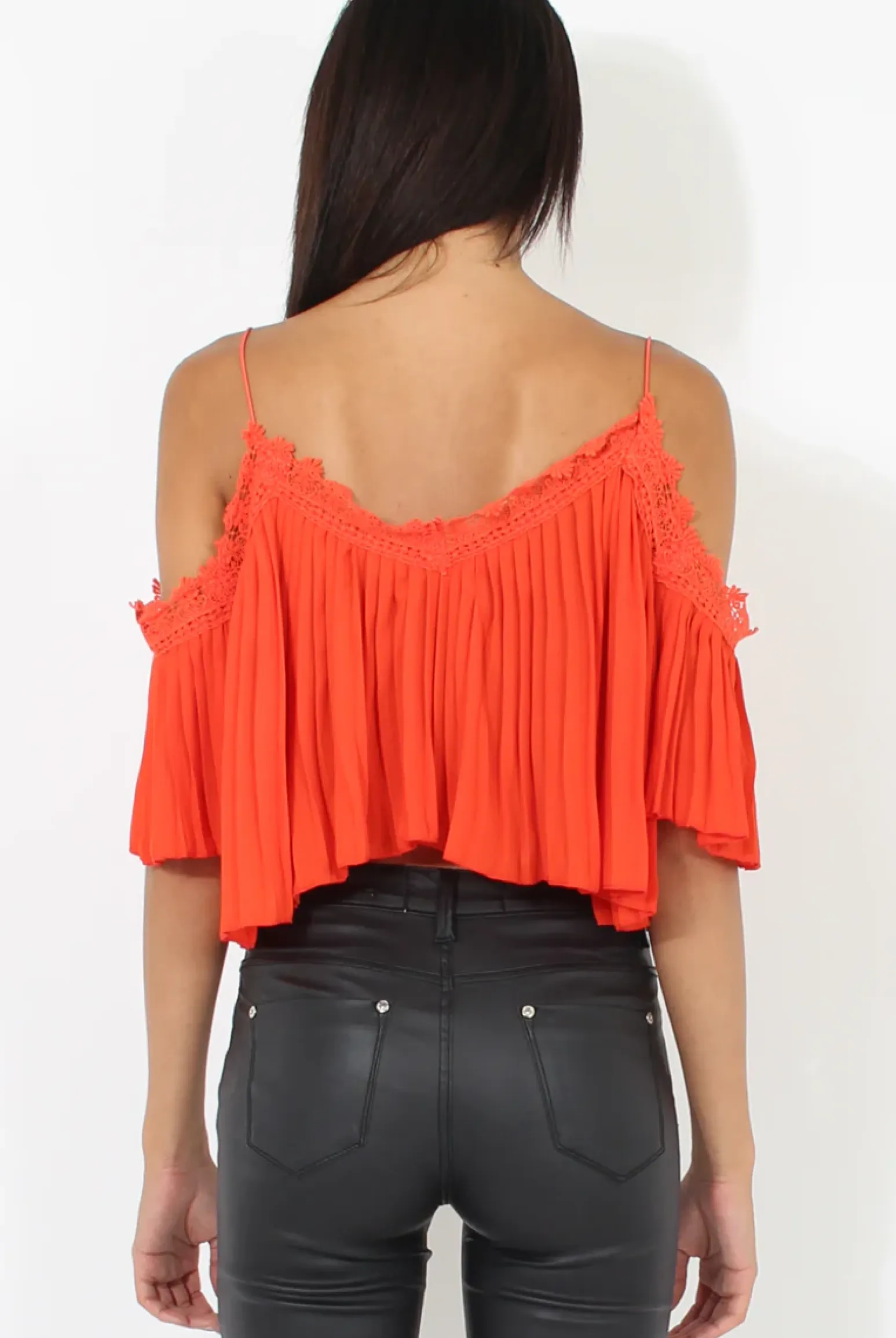 Rebellious Fashion Orange Pleated Crochet Trim Cold Shoulder Crop Top - Jil
