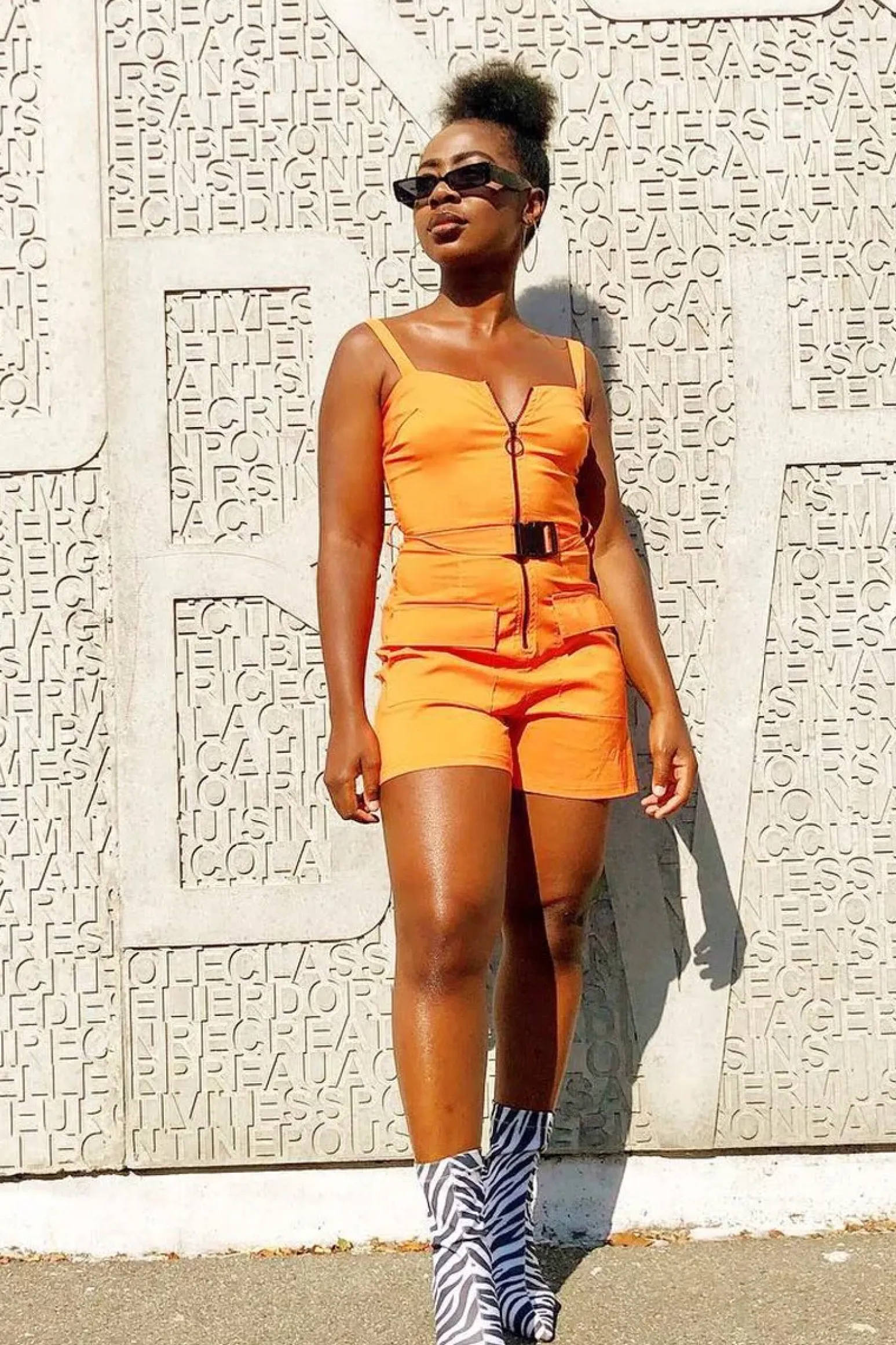 Rebellious Fashion Orange Plunge Belted Waist Sleeveless Playsuit - Kerstyn
