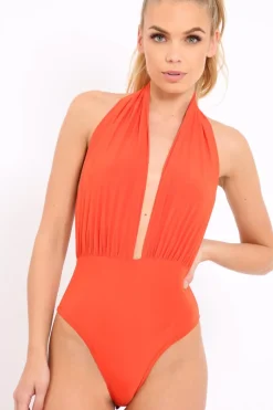 Rebellious Fashion Orange Plunge Halterneck Bodysuit - Lona