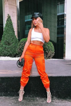 Rebellious Fashion Orange Pocket High Waist Cargo Cuffed Trousers - Galya