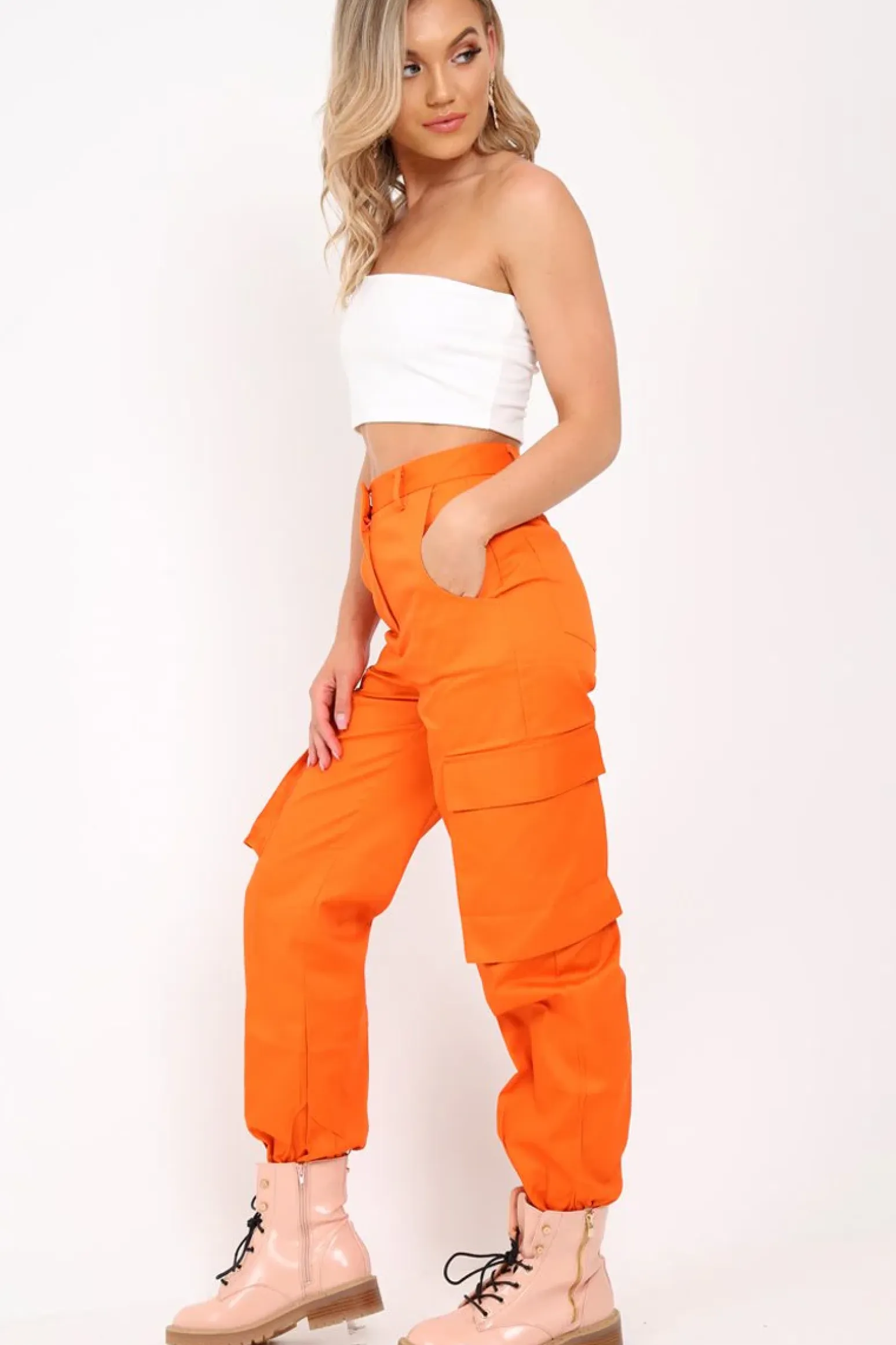 Rebellious Fashion Orange Pocket High Waist Cargo Cuffed Trousers - Galya