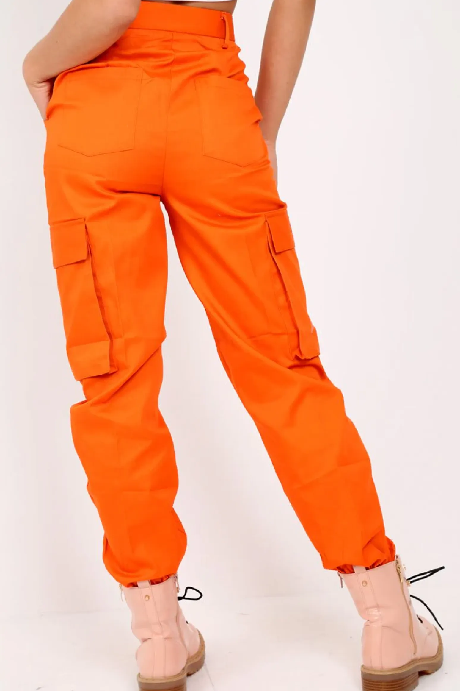 Rebellious Fashion Orange Pocket High Waist Cargo Cuffed Trousers - Galya