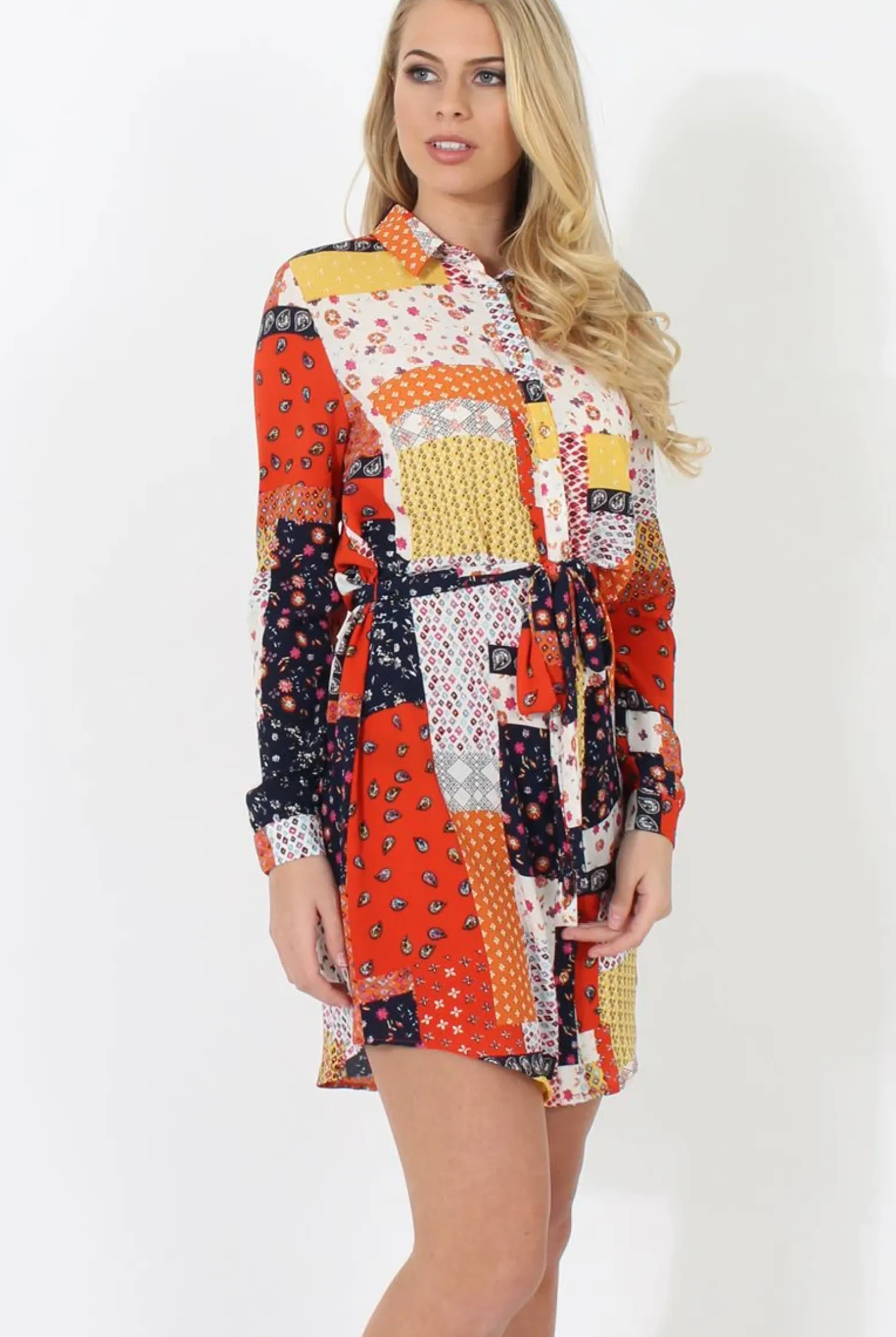 Rebellious Fashion Orange Print Shirt Dress - Marlene