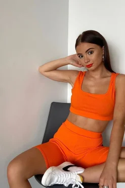 Rebellious Fashion Orange Ribbed Crop Top and Cycling Shorts Co-ord - Nina