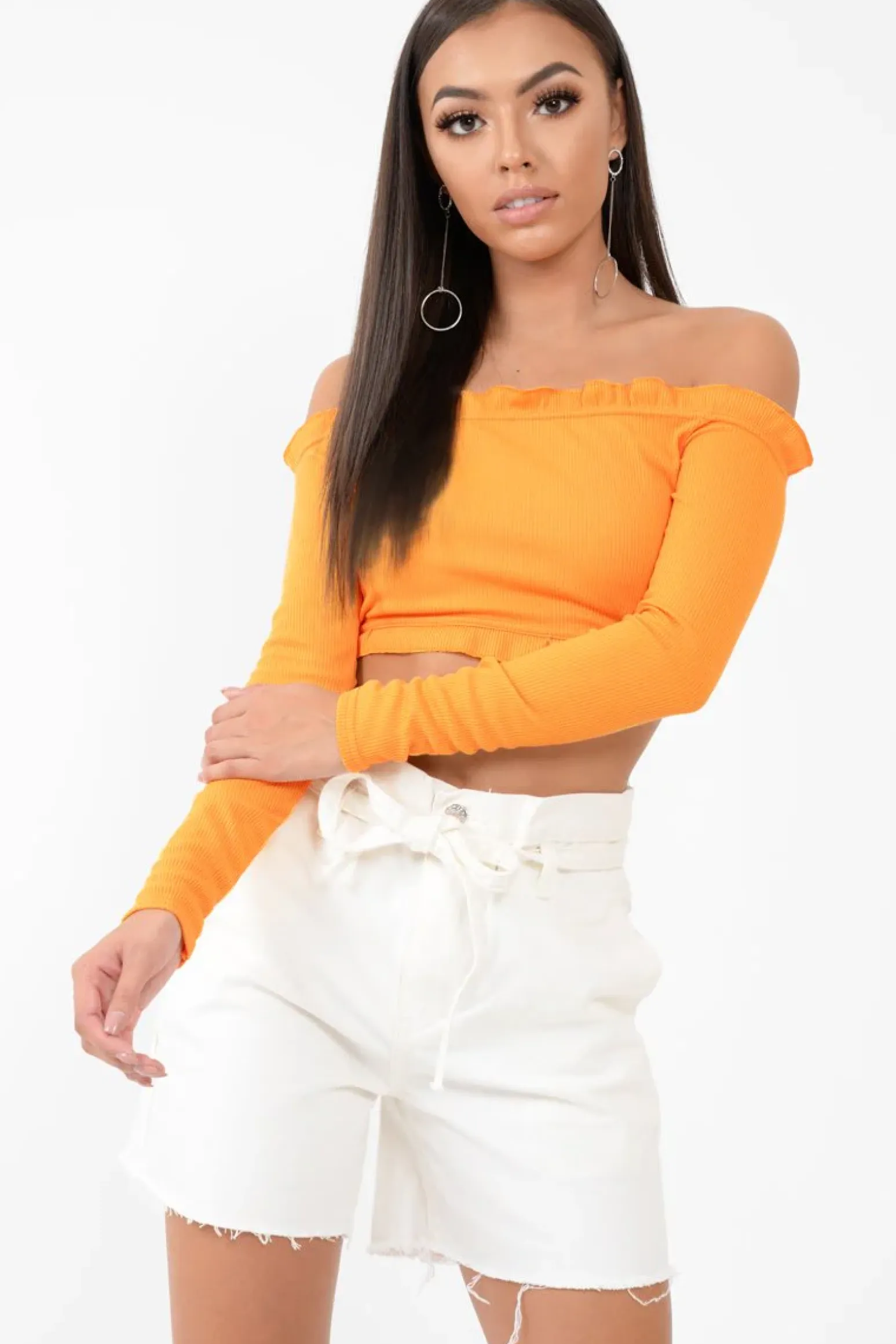 Rebellious Fashion Orange Ribbed Frill Bardot Crop Top - Cassidy