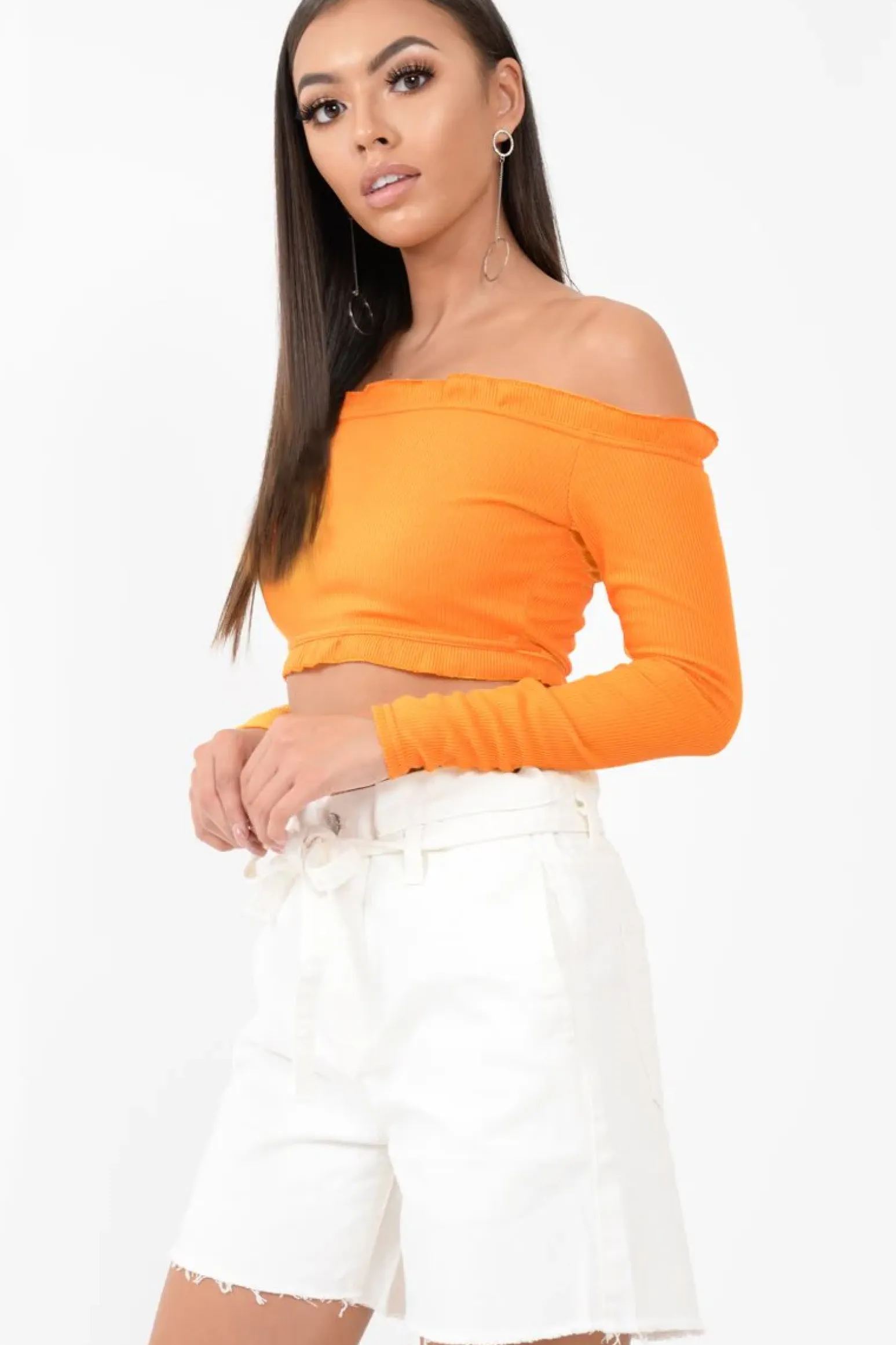 Rebellious Fashion Orange Ribbed Frill Bardot Crop Top - Cassidy
