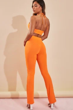 Rebellious Fashion Orange Rib Halter Neck Crop Top & Trouser Set - Bridget