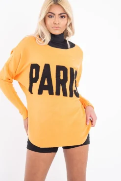 Rebellious Fashion Orange Rib Knit Paris Slogan Jumper - Khylah