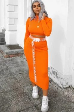 Rebellious Fashion Orange Rib Knitted Midi Skirt - Kloey