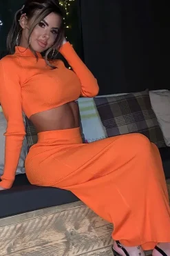 Rebellious Fashion Orange Rib Knitted Midi Skirt - Kloey