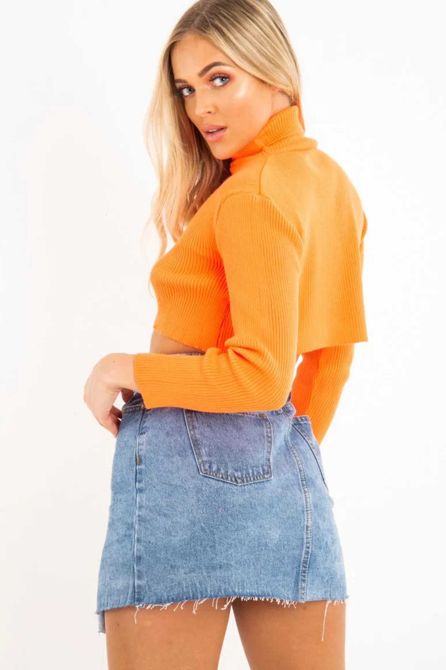 Rebellious Fashion Orange Rib Roll Neck Crop Jumper - Hayvin