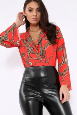 Rebellious Fashion Orange Rope Print Plunge Bodysuit - Jani