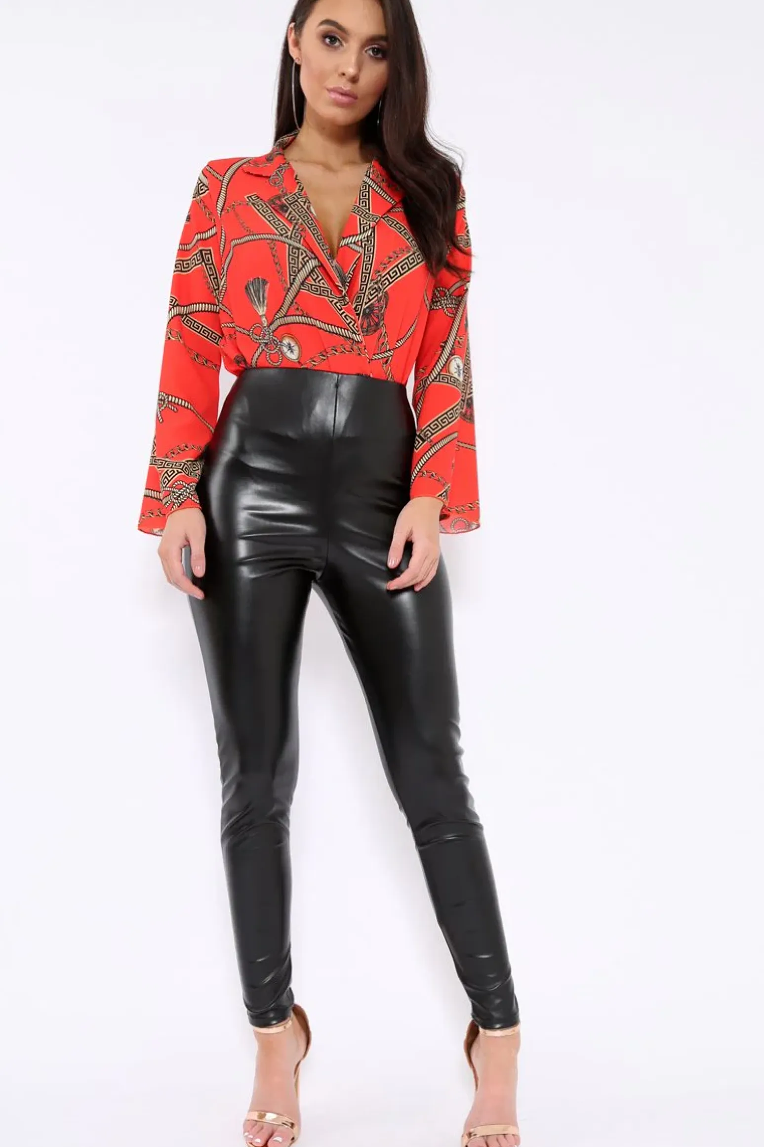 Rebellious Fashion Orange Rope Print Plunge Bodysuit - Jani