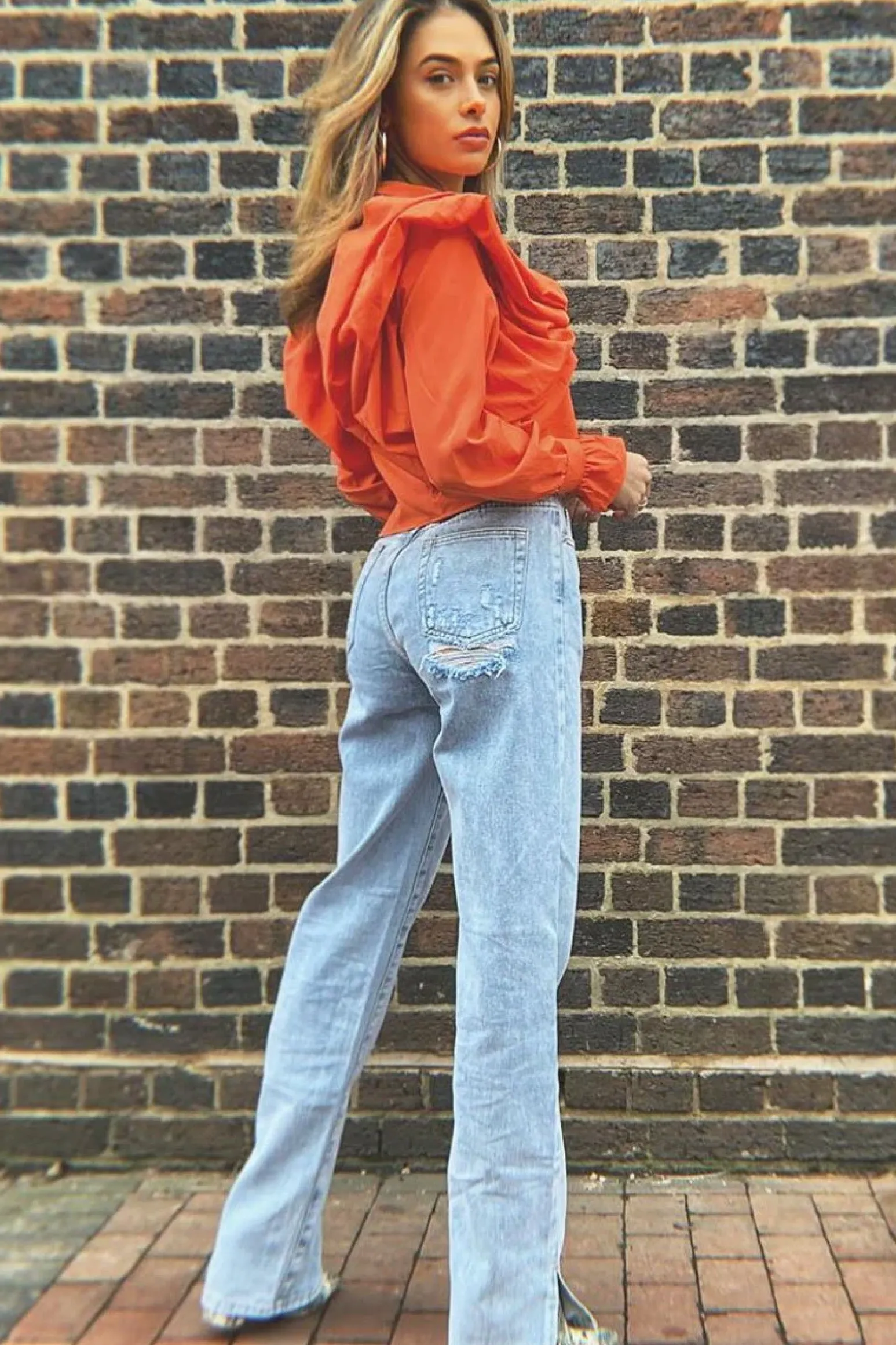 Rebellious Fashion Orange Ruffle Shoulder Cropped Shirt - Fiorella