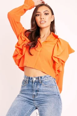 Rebellious Fashion Orange Ruffle Shoulder Cropped Shirt - Fiorella